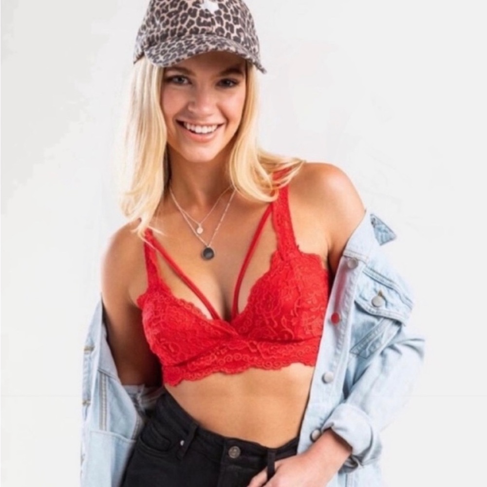 Francesca's Red Lace Strappy Bralette, Size L